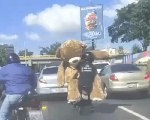 Двое мужчин на мотоцикле везли с собой огромного плюшевого мишку